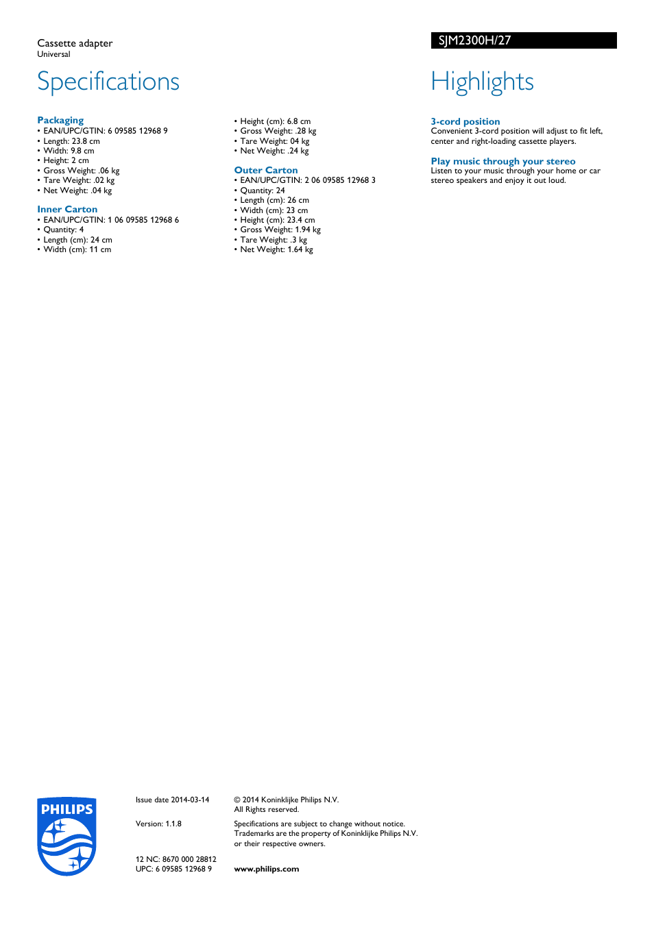 Specifications, Highlights | Philips SJM2300H-27 User Manual | Page 2 / 2