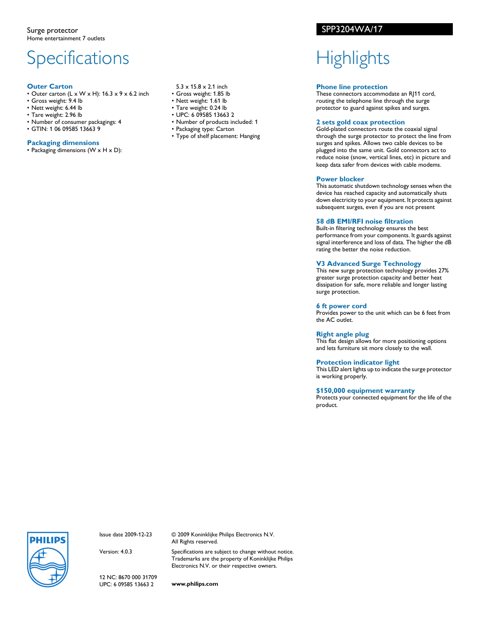 Specifications, Highlights | Philips SPP3204WA-17 User Manual | Page 2 / 2