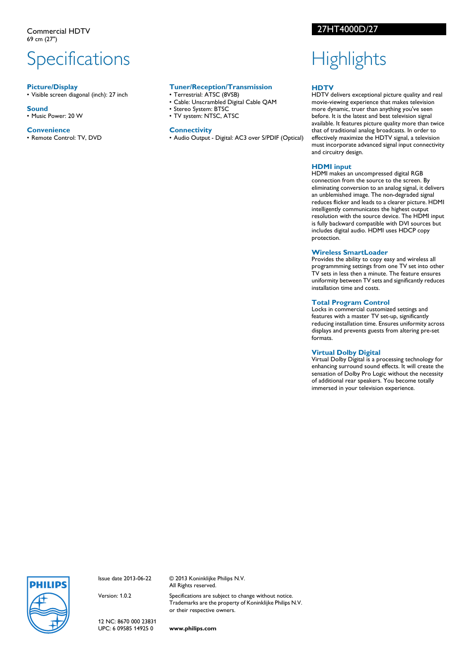 Specifications, Highlights | Philips 27HT4000D-27B User Manual | Page 2 / 2