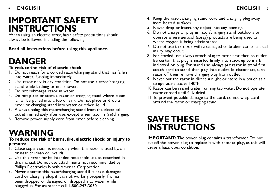 Save these instructions, Important safety instructions, Danger | Warning | Philips 8260XL-40 User Manual | Page 3 / 13