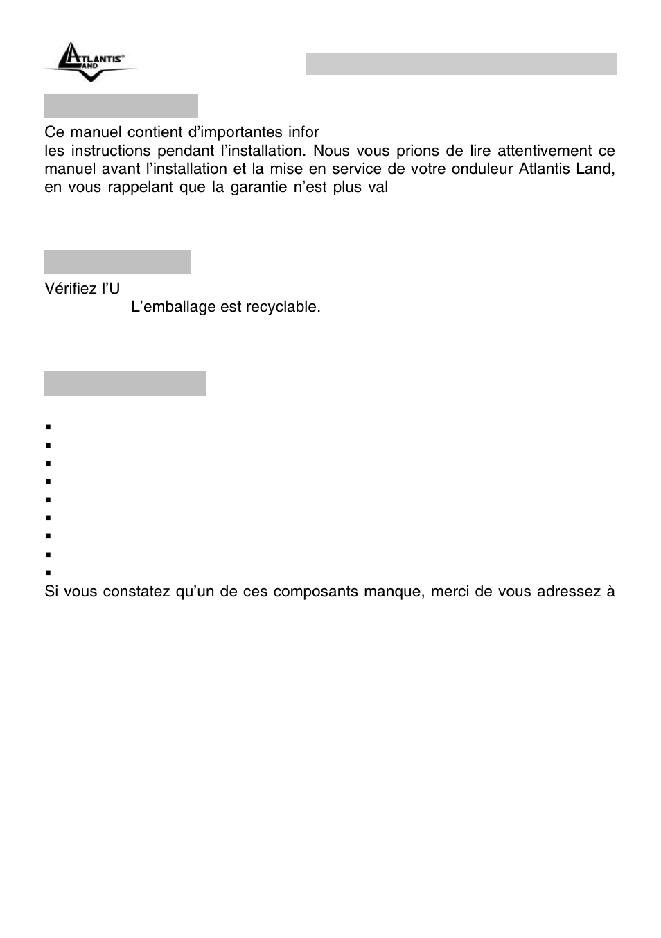1 introduction, 2 vérification, 3 dans la boîte | Onepower line interactive ups (fr) | Atlantis Land OnePower Line Interactive UPS A03-P551 User Manual | Page 33 / 46