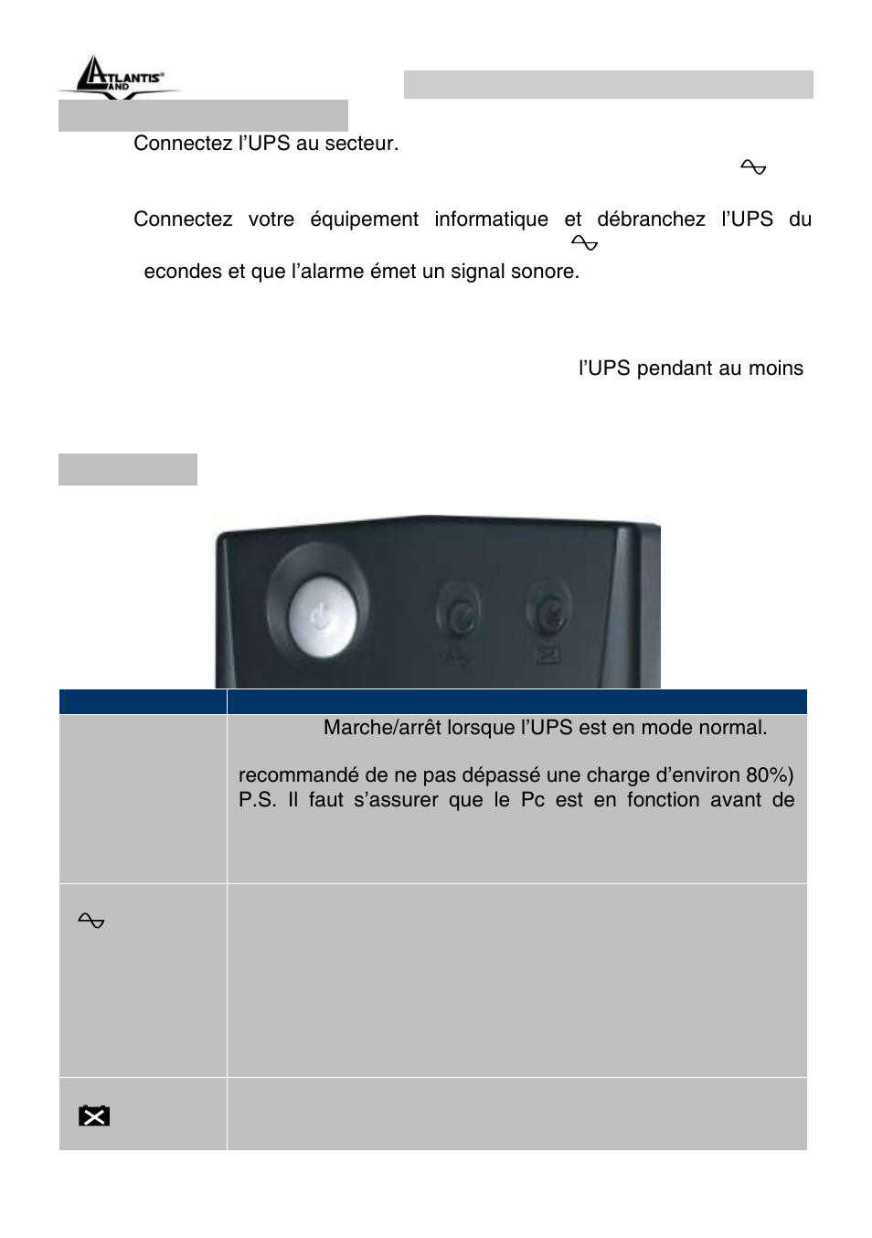 7 opérations de test, 8 facade, Onepower line interactive ups (fr) | Atlantis Land OnePower Line Interactive UPS A03-P551 User Manual | Page 36 / 46