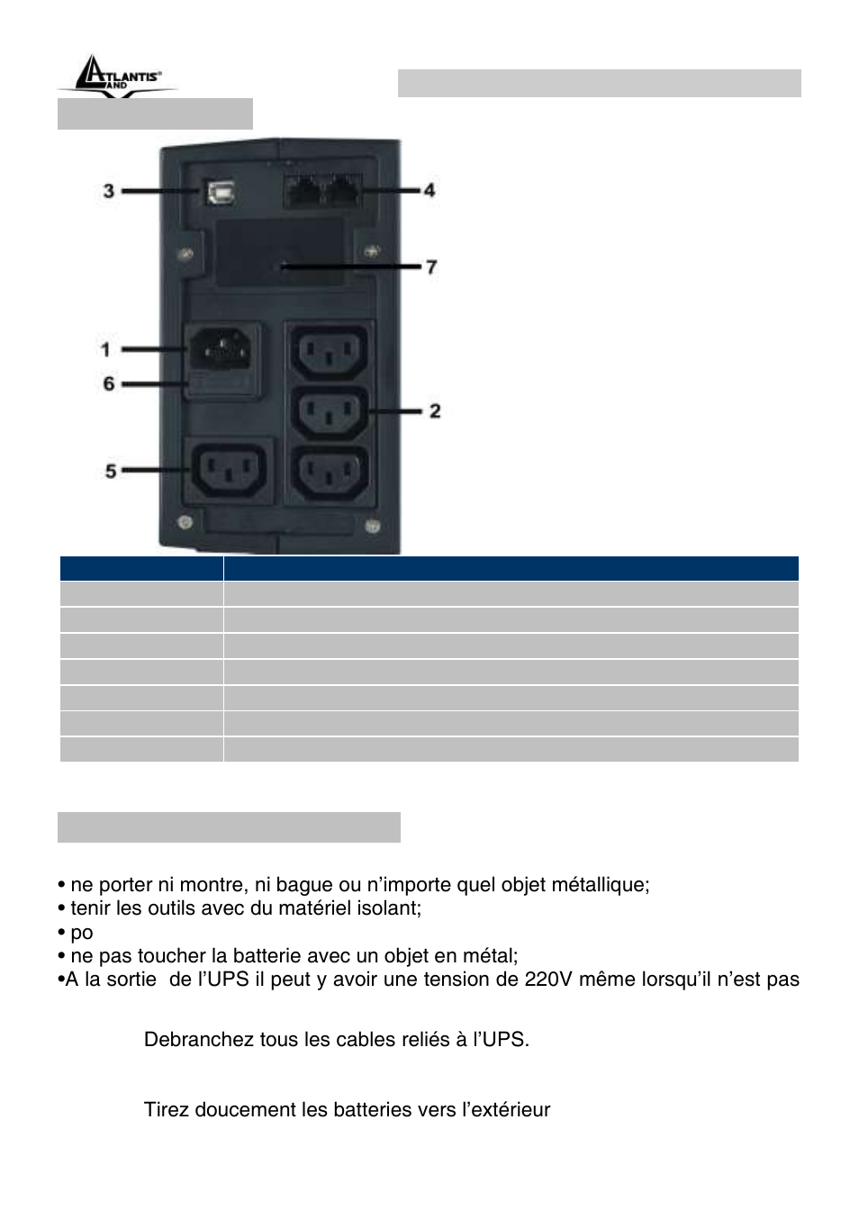 9 face arrière, Changement de batterie, Onepower line interactive ups (fr) | Atlantis Land OnePower Line Interactive UPS A03-P551 User Manual | Page 37 / 46