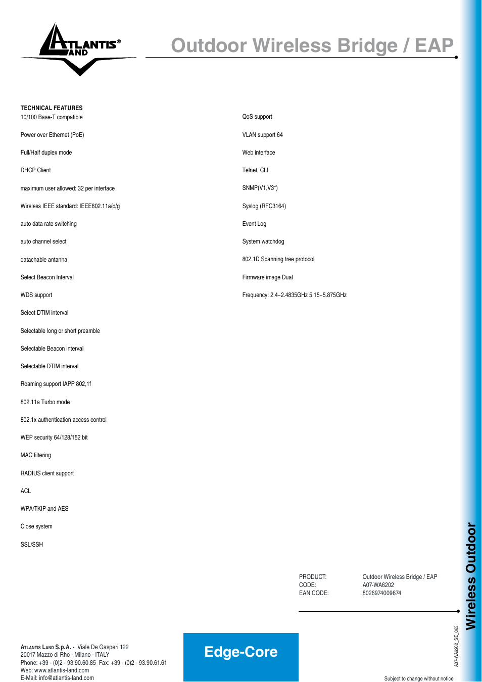 Outdoor wireless bridge / eap, Edge-core, Wireless outdoor | Atlantis Land A07-WA6202 User Manual | Page 2 / 2