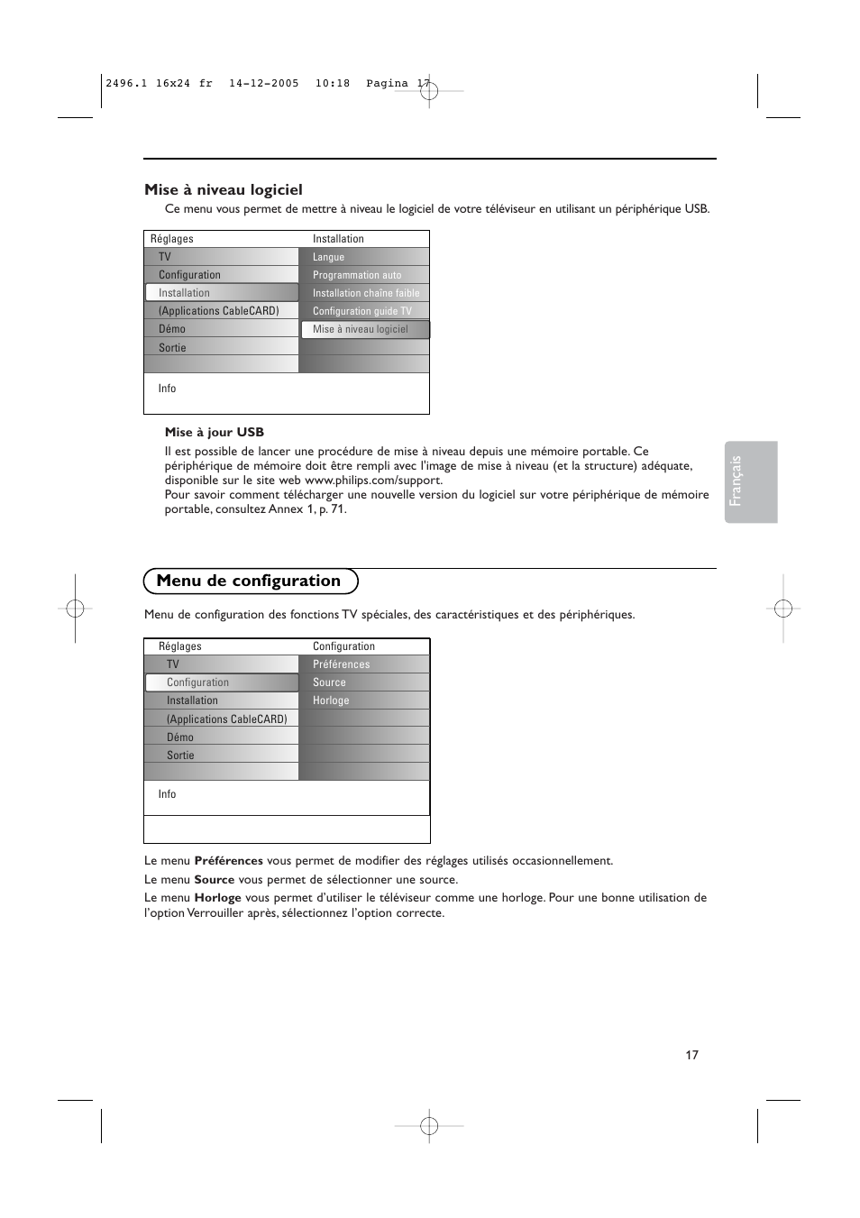 Menu de configuration, Mise à niveau logiciel, Français | Philips 50PF9830A-37B User Manual | Page 101 / 244