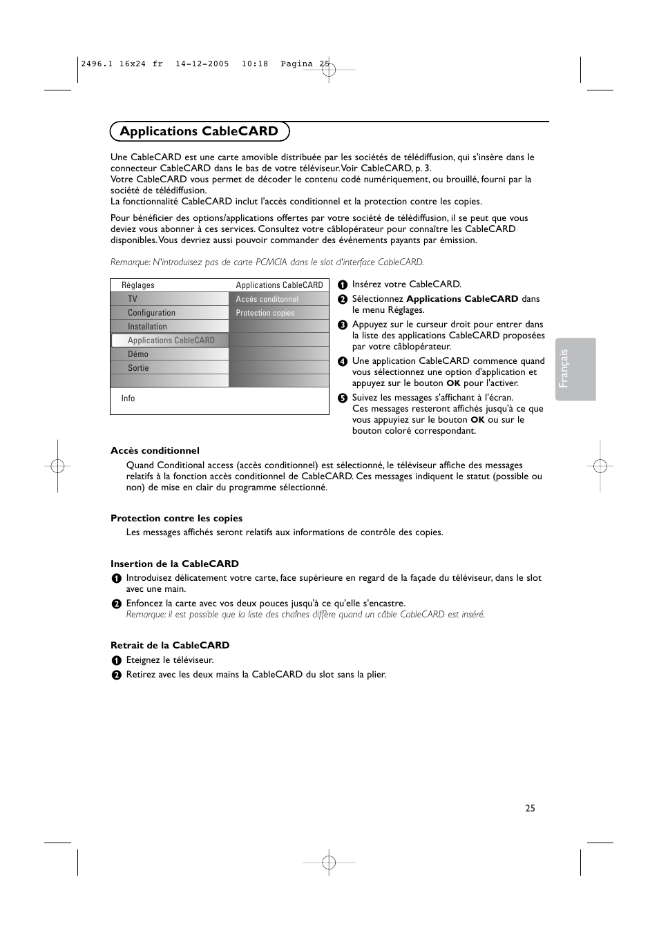 Applications cablecard, Français | Philips 50PF9830A-37B User Manual | Page 109 / 244