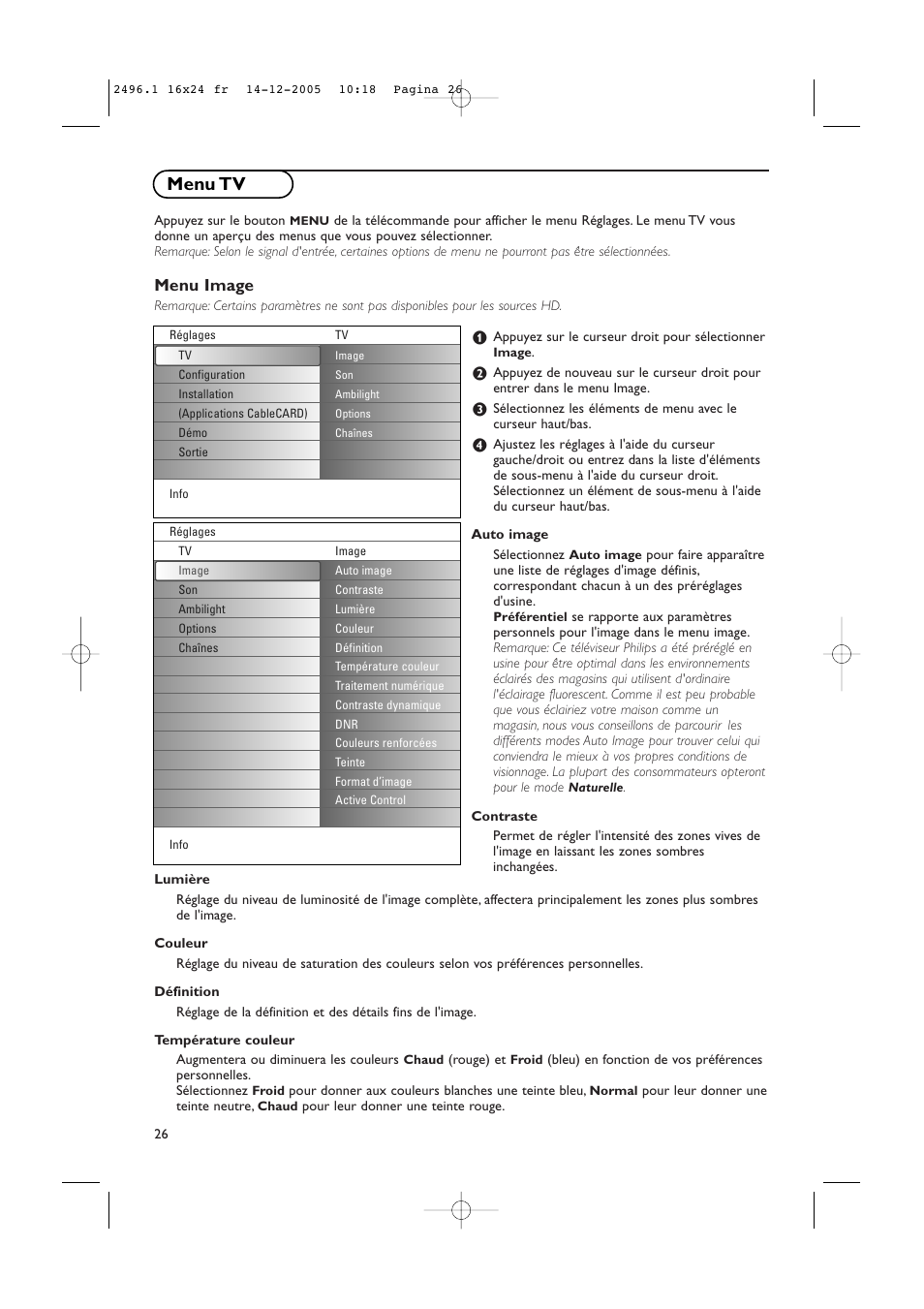 Menu tv, Menu image | Philips 50PF9830A-37B User Manual | Page 110 / 244