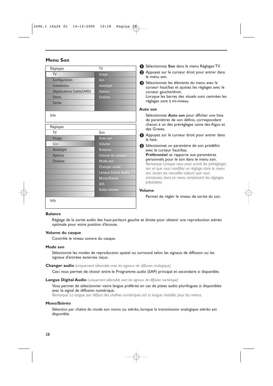 Menu son | Philips 50PF9830A-37B User Manual | Page 112 / 244