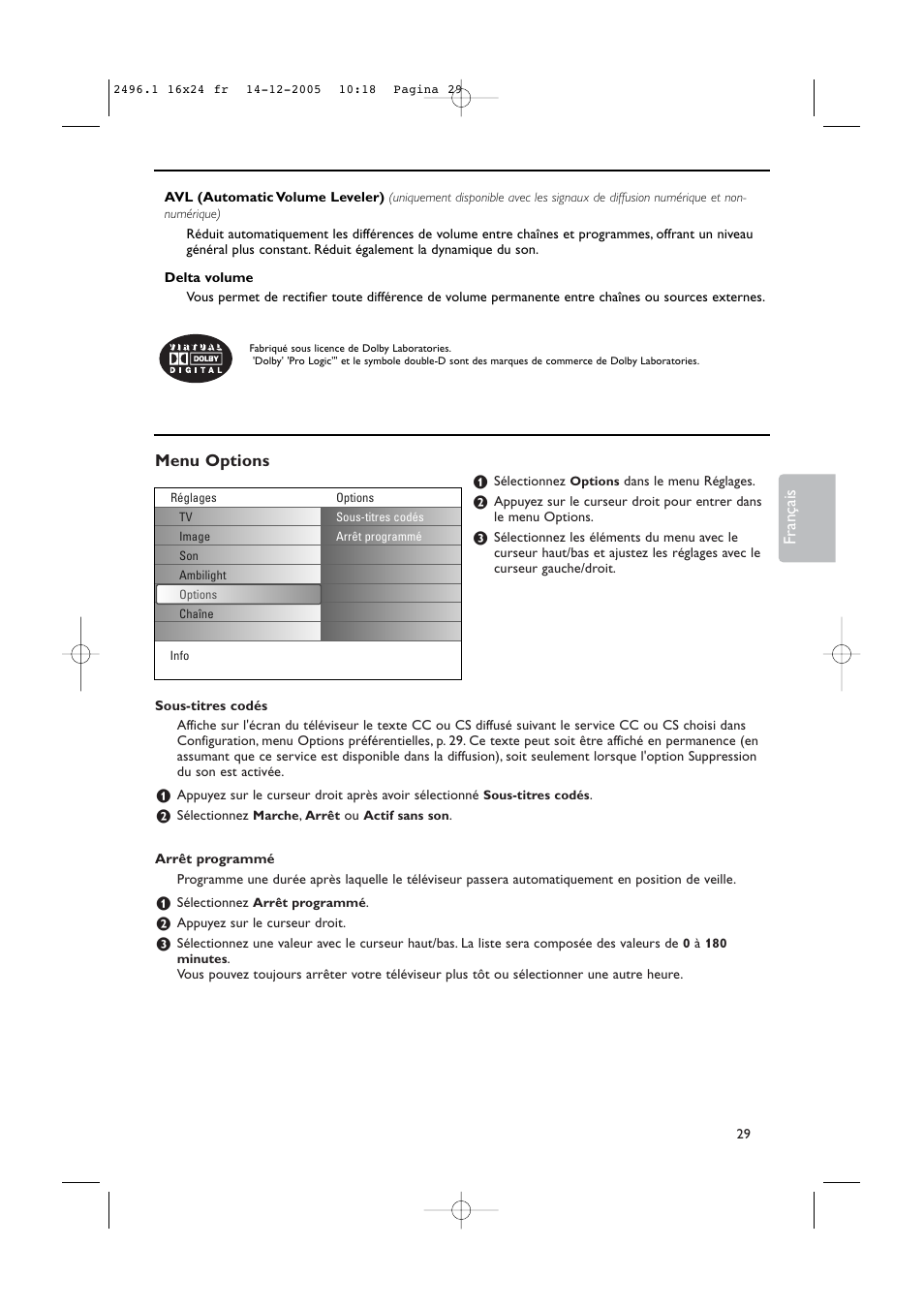 Menu options, Français | Philips 50PF9830A-37B User Manual | Page 113 / 244