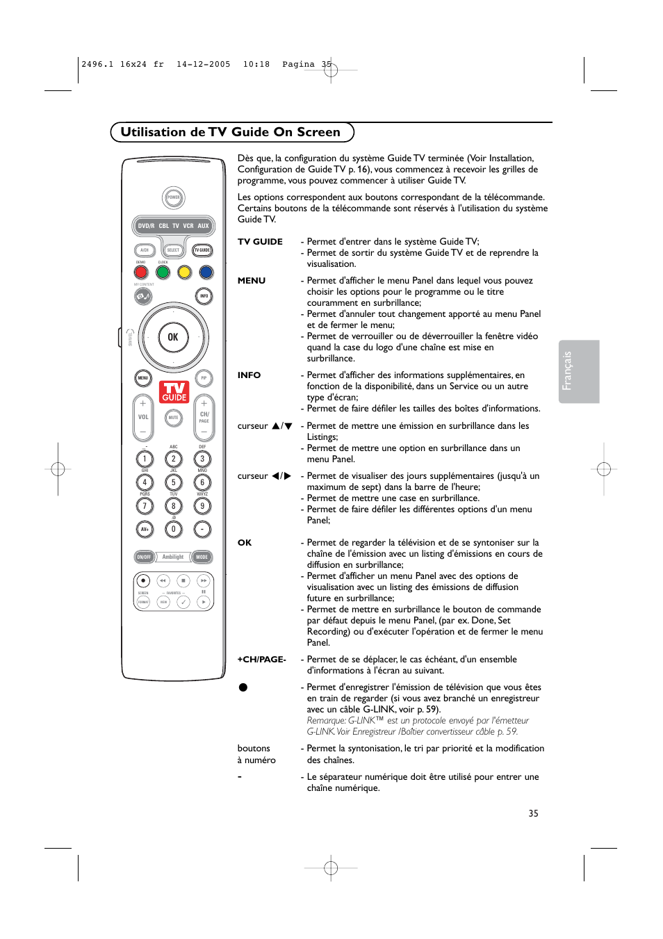 Utilisation de tv guide on screen, Français | Philips 50PF9830A-37B User Manual | Page 119 / 244