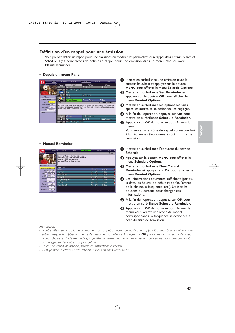 Définition d'un rappel pour une émission, Français | Philips 50PF9830A-37B User Manual | Page 127 / 244