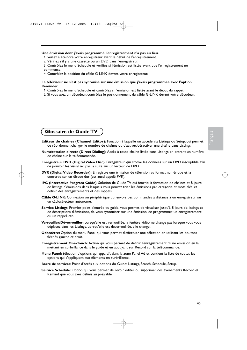 Glossaire de guide tv | Philips 50PF9830A-37B User Manual | Page 129 / 244