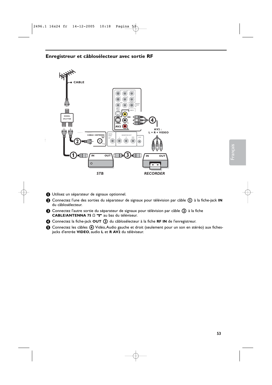 Français, Enregistreur et câblosélecteur avec sortie rf, Utilisez un séparateur de signaux optionnel | Du câblosélecteur, X au bas du téléviseur, Connectez la fiche-jack, 3 du câblosélecteur à la fiche, De l'enregistreur, Audio, Du téléviseur | Philips 50PF9830A-37B User Manual | Page 137 / 244