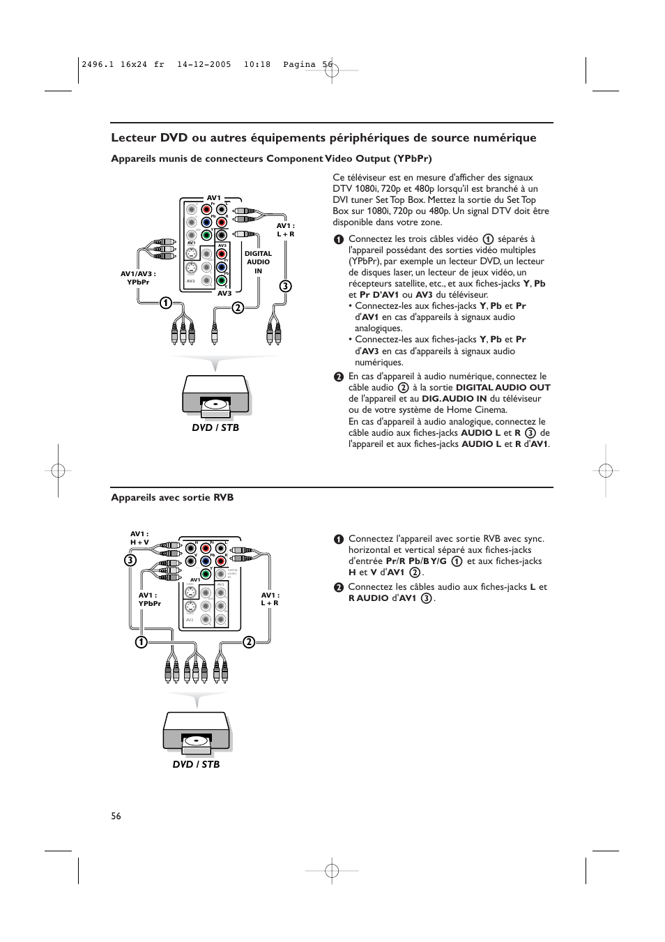 Du téléviseur. • connectez-les aux fiches-jacks, En cas d'appareils à signaux audio numériques, De l'appareil et au | 3 de l'appareil et aux fiches-jacks, 1 et aux fiches-jacks, Connectez les câbles audio aux fiches-jacks, Dvd / stb 2 1, Dvd / stb | Philips 50PF9830A-37B User Manual | Page 140 / 244