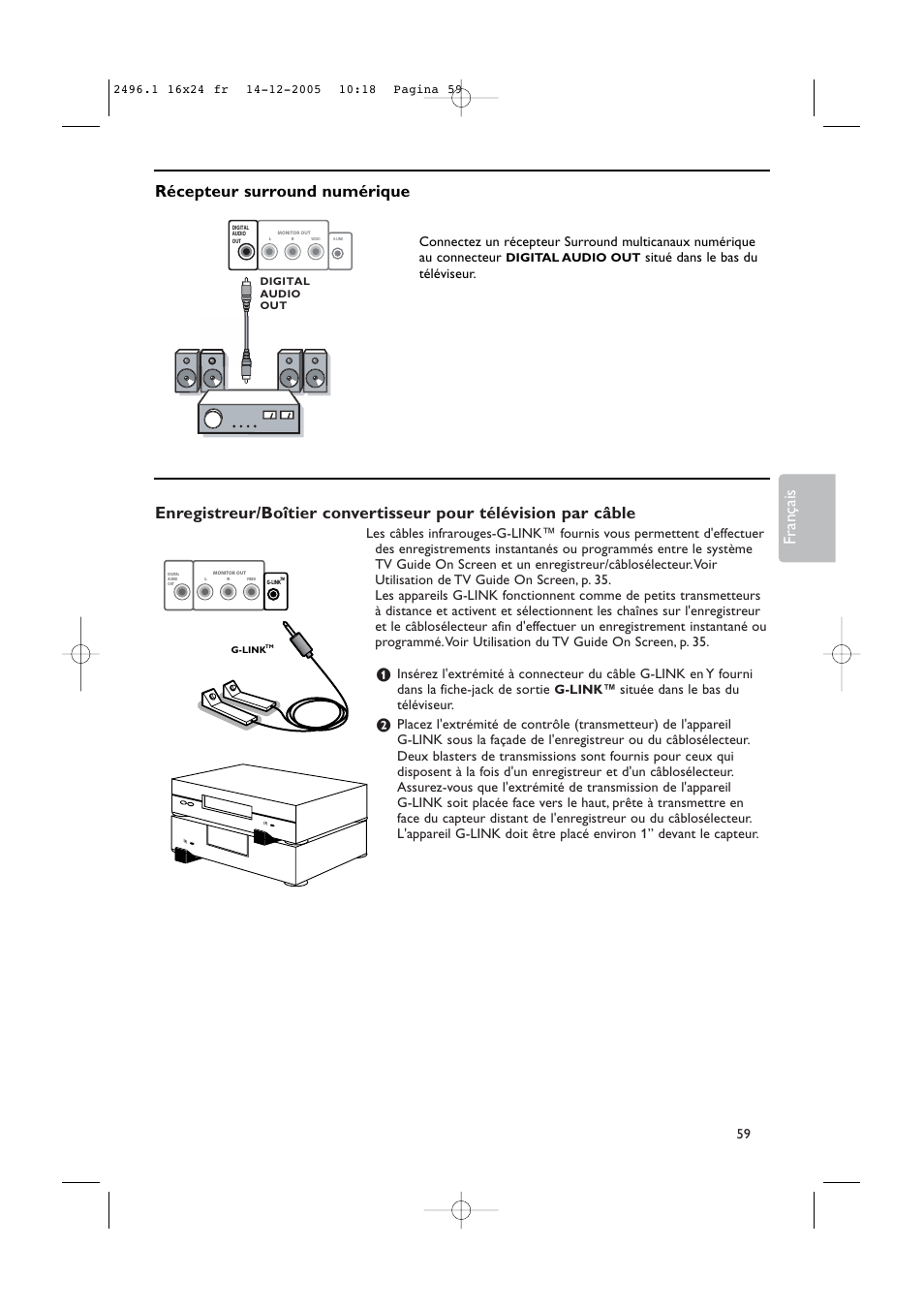 Français, Récepteur surround numérique, Située dans le bas du téléviseur | Situé dans le bas du téléviseur, G-link | Philips 50PF9830A-37B User Manual | Page 143 / 244