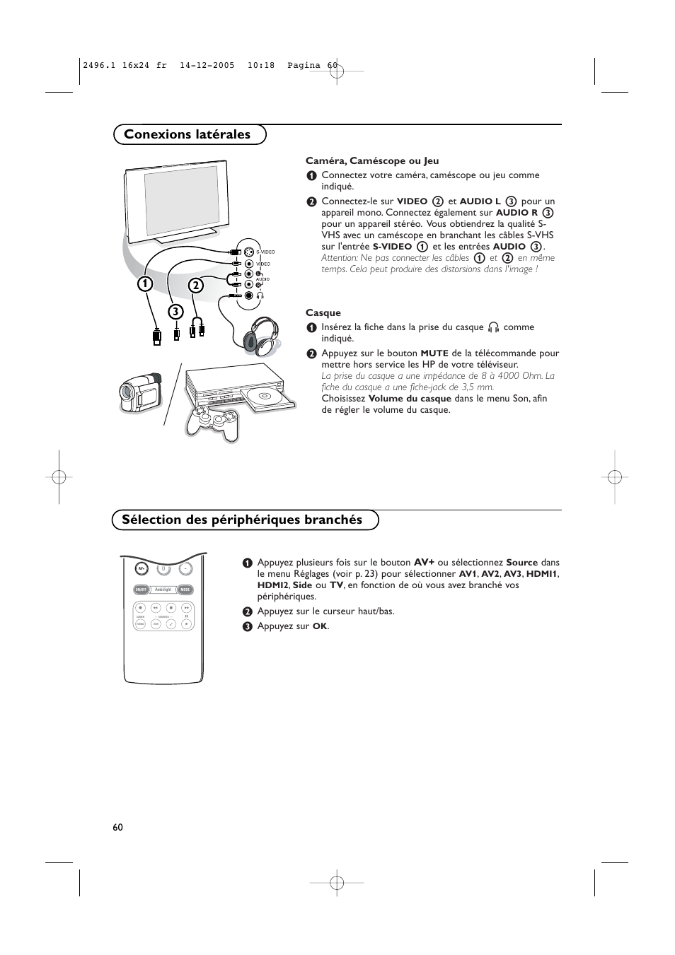 Sélection des périphériques branchés, Conexions latérales | Philips 50PF9830A-37B User Manual | Page 144 / 244