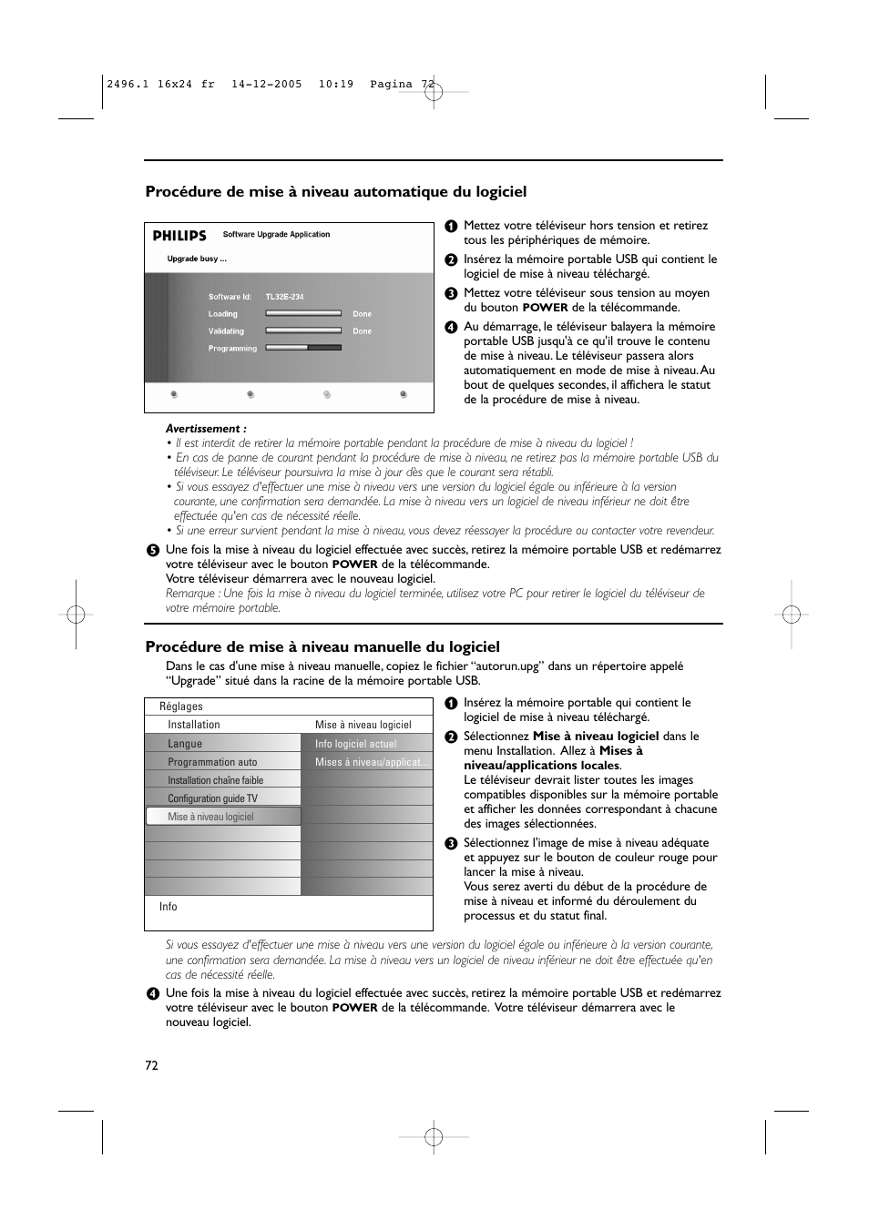 Procédure de mise à niveau manuelle du logiciel, Procédure de mise à niveau automatique du logiciel | Philips 50PF9830A-37B User Manual | Page 156 / 244