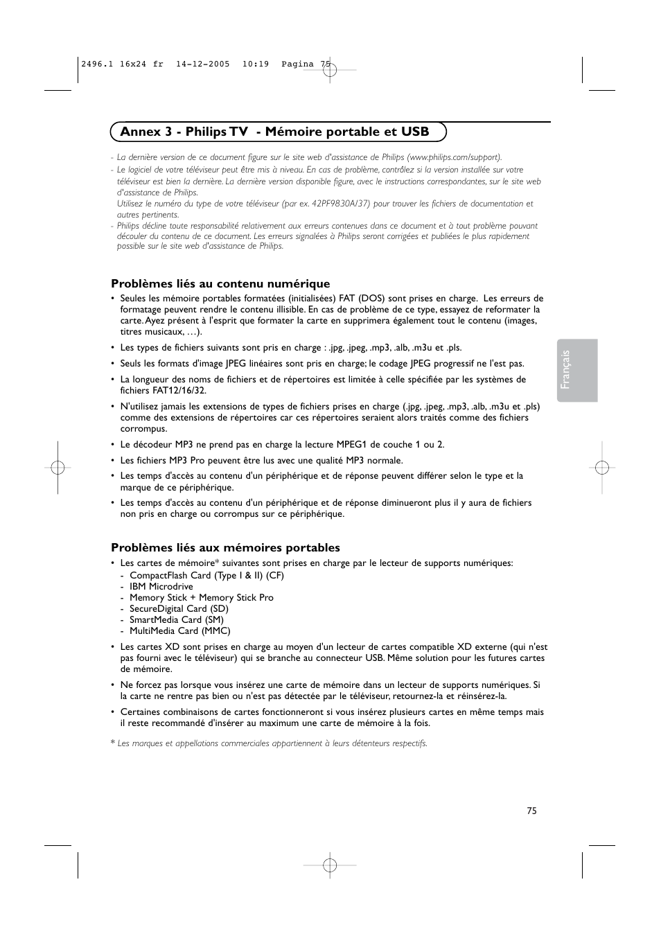 Annex 3 - philips tv - mémoire portable et usb | Philips 50PF9830A-37B User Manual | Page 159 / 244