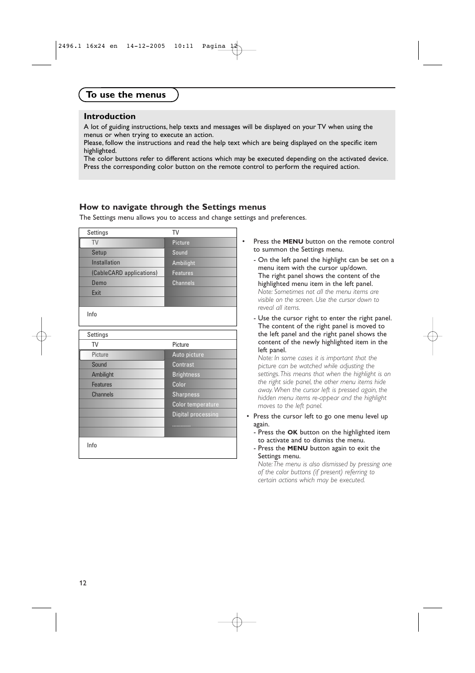 How to navigate through the settings menus, Introduction | Philips 50PF9830A-37B User Manual | Page 16 / 244