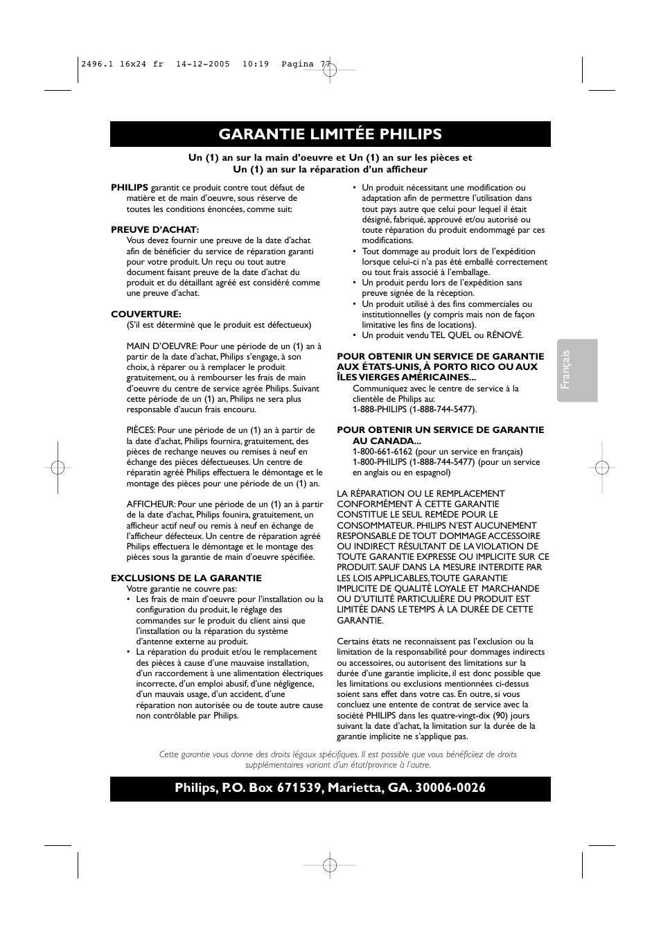 Garantie limitée philips, Français | Philips 50PF9830A-37B User Manual | Page 161 / 244