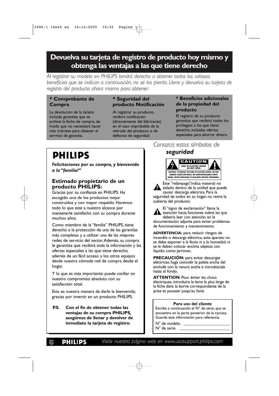 Conozca estos símbolos de seguridad | Philips 50PF9830A-37B User Manual | Page 163 / 244