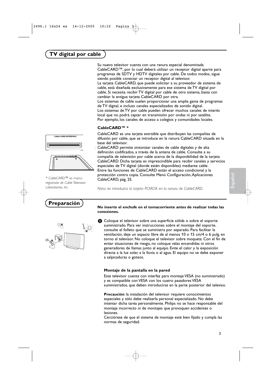 Tv digital por cable, Preparación, Español | Philips 50PF9830A-37B User Manual | Page 167 / 244