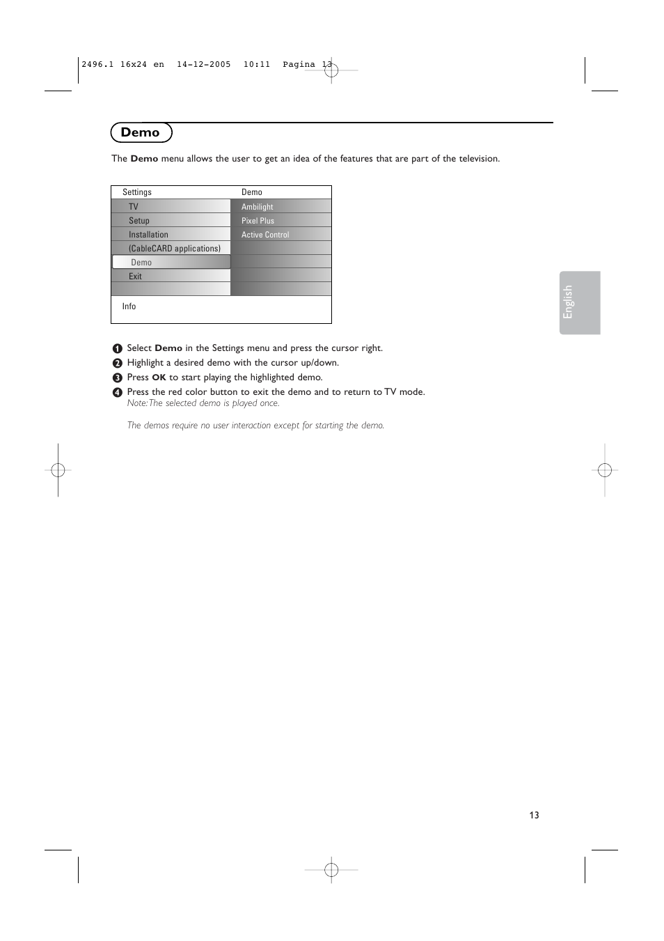 Demo, English | Philips 50PF9830A-37B User Manual | Page 17 / 244