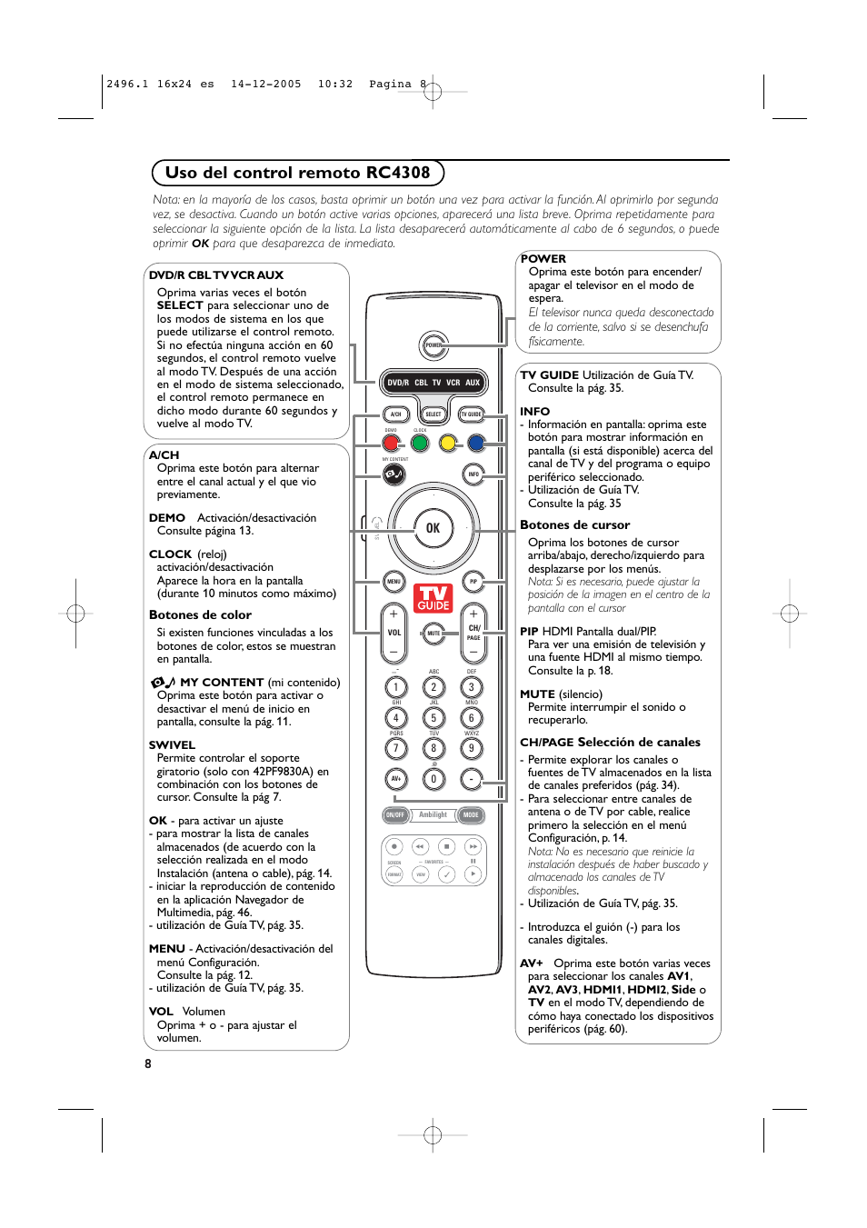 Uso del control remoto rc4308 | Philips 50PF9830A-37B User Manual | Page 172 / 244