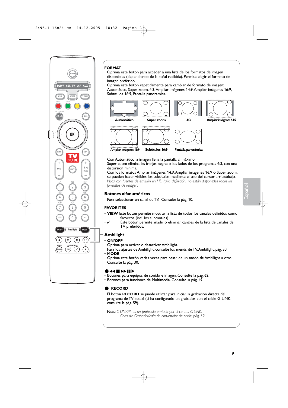 Español, Botones alfanuméricos, Ambilight | Т‡†ºπ | Philips 50PF9830A-37B User Manual | Page 173 / 244