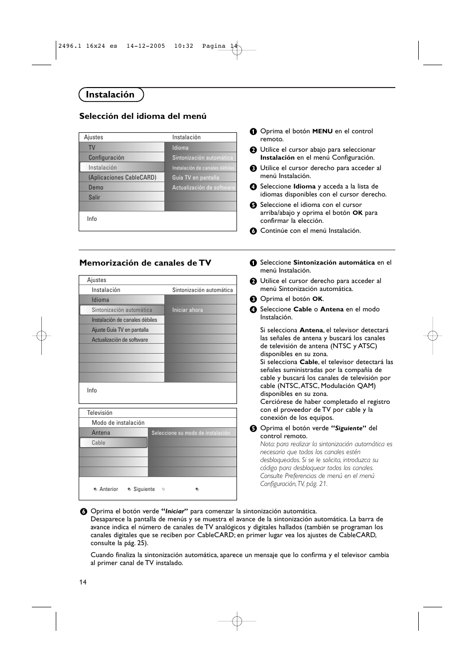 Instalación, Selección del idioma del menú | Philips 50PF9830A-37B User Manual | Page 178 / 244