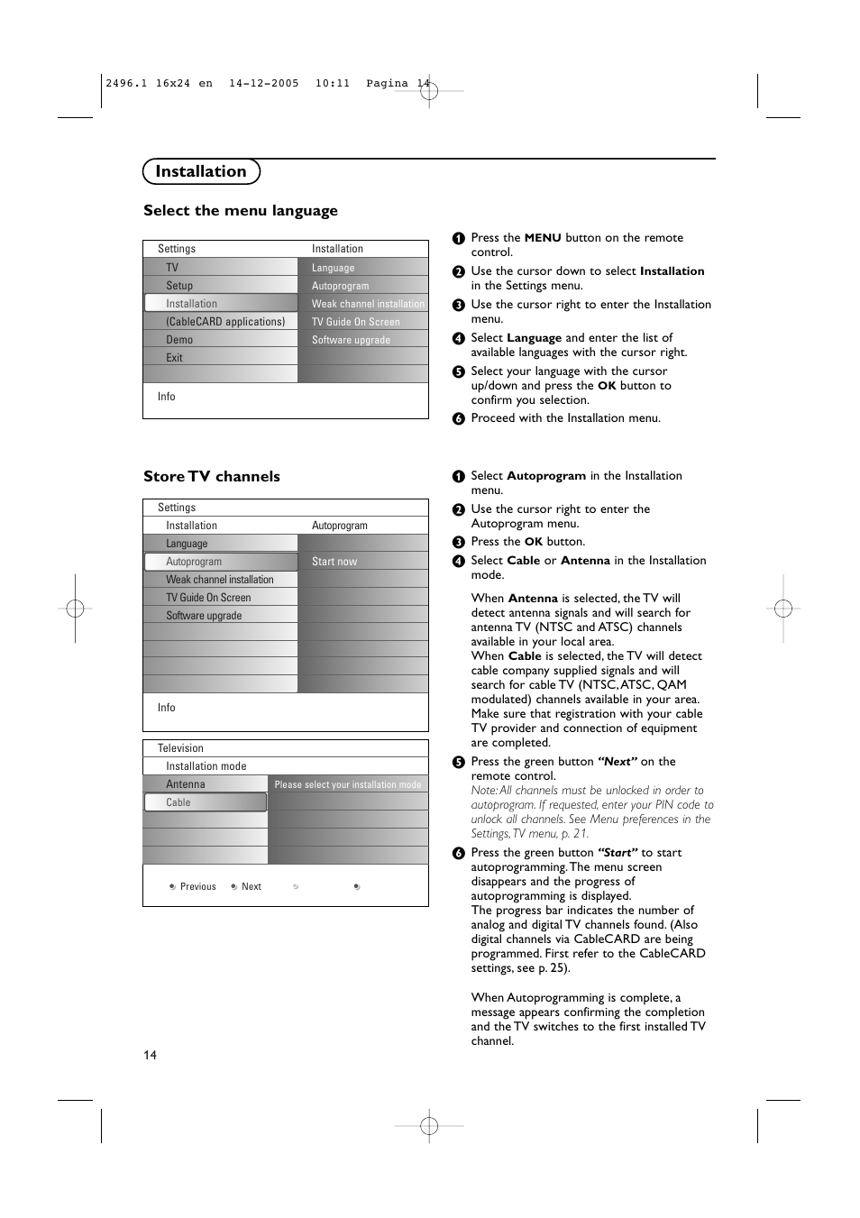 Installation, Store tv channels, Select the menu language | Philips 50PF9830A-37B User Manual | Page 18 / 244