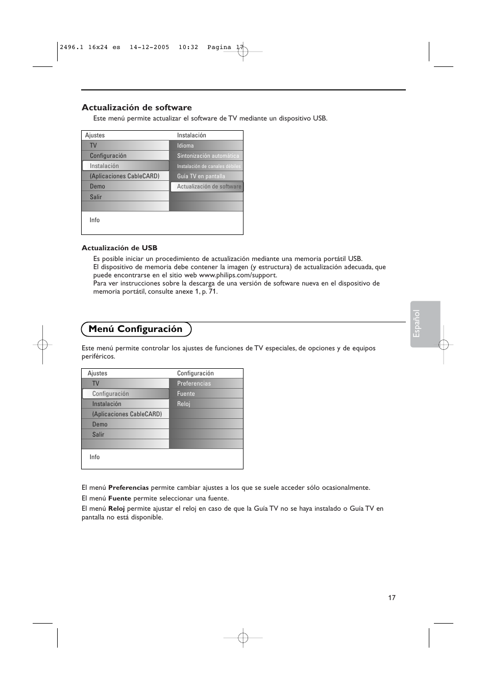 Menú configuración, Actualización de software, Español | Philips 50PF9830A-37B User Manual | Page 181 / 244