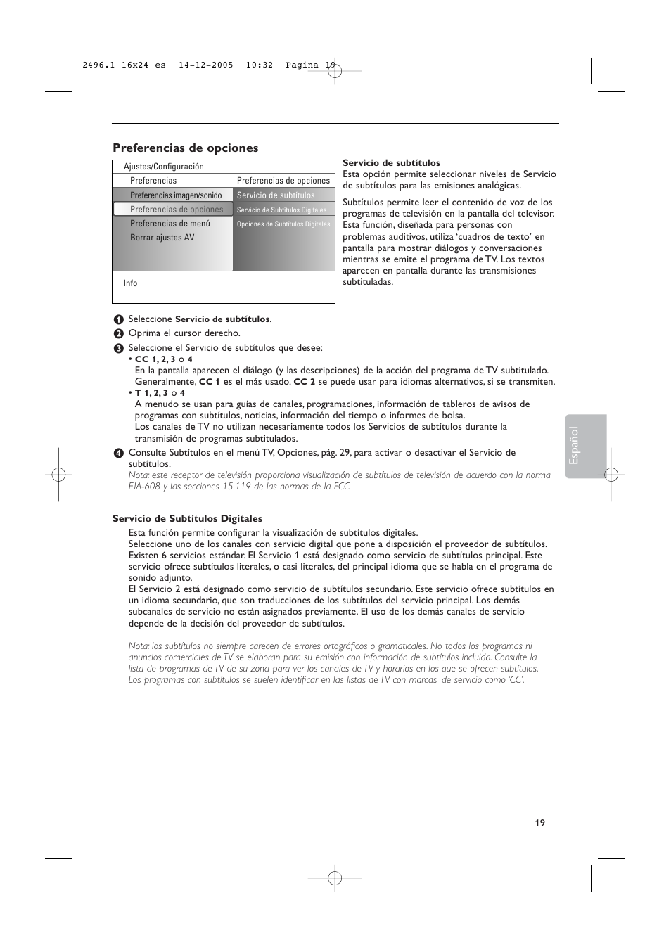 Preferencias de opciones, Español | Philips 50PF9830A-37B User Manual | Page 183 / 244