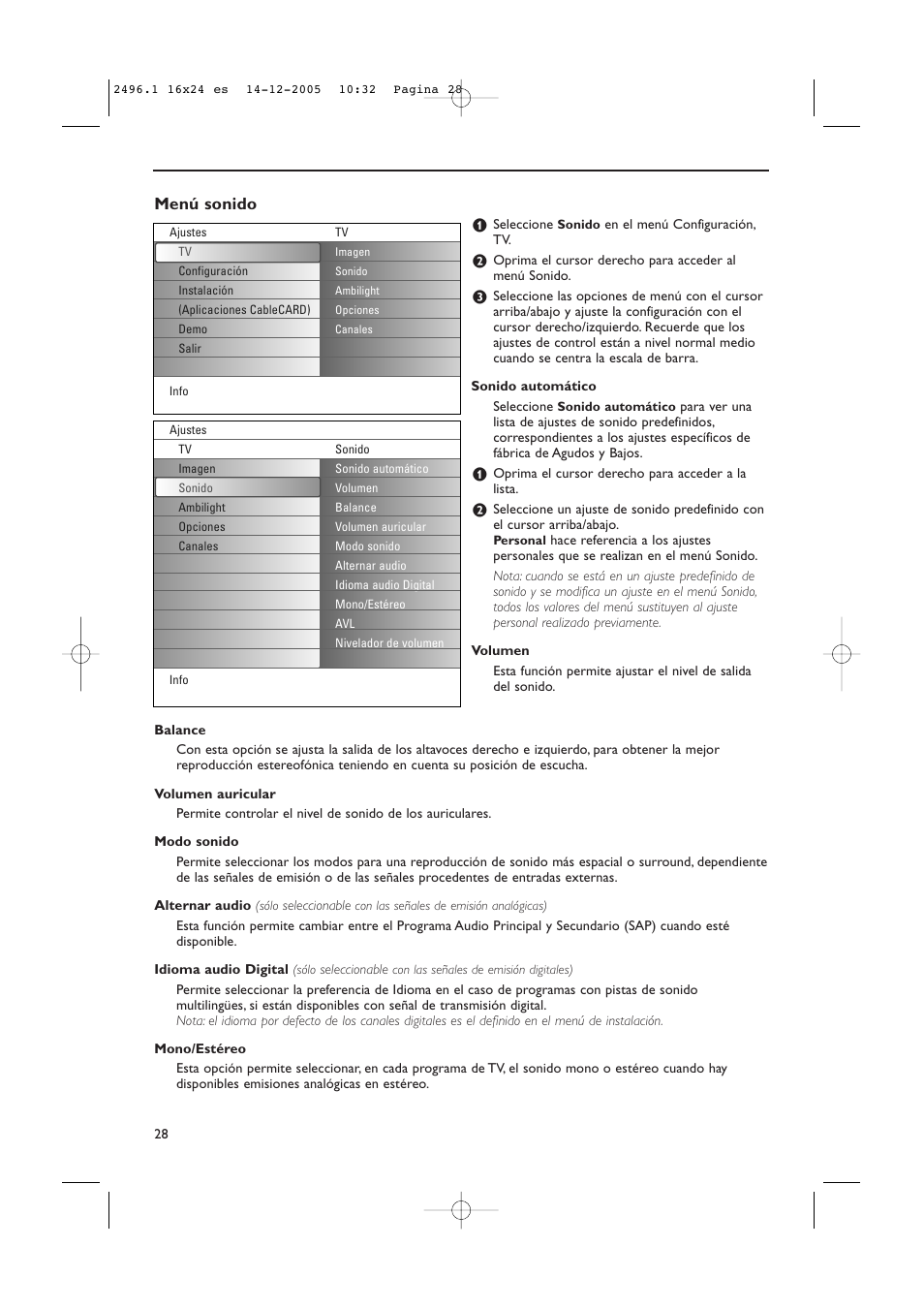 Menú sonido | Philips 50PF9830A-37B User Manual | Page 192 / 244