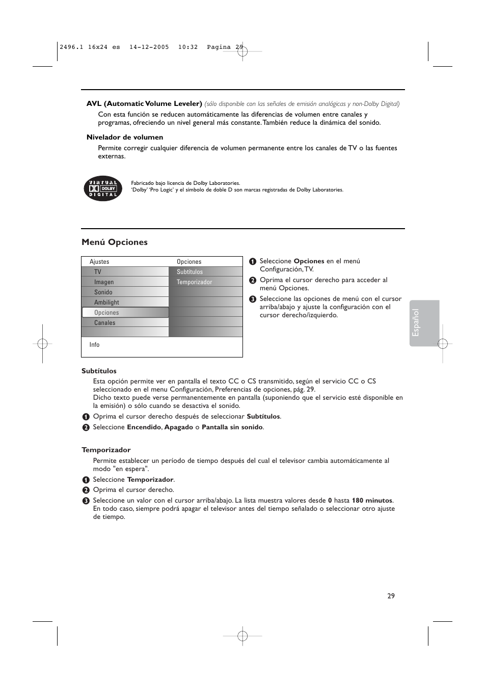 Menú opciones, Español | Philips 50PF9830A-37B User Manual | Page 193 / 244