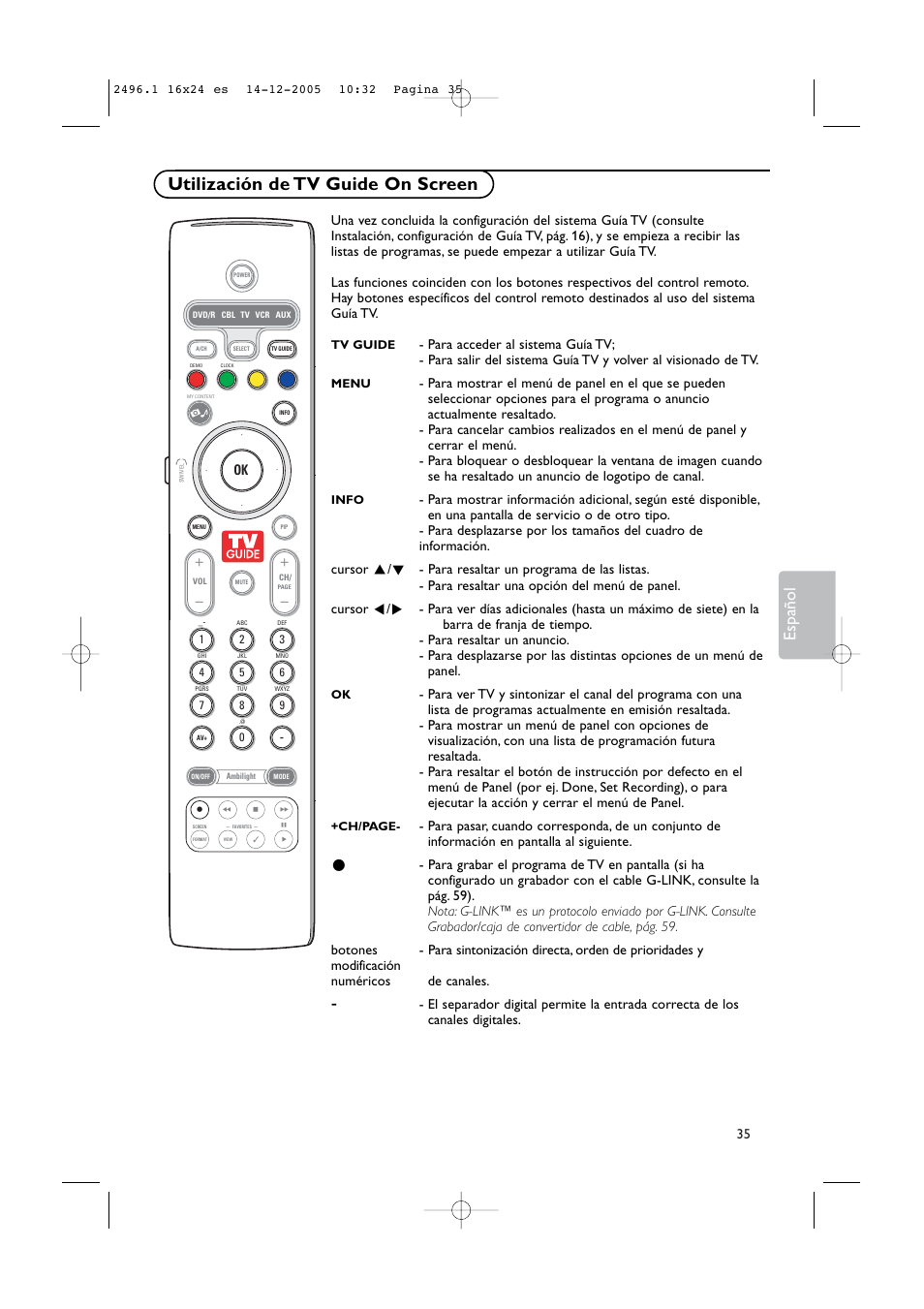 Utilización de tv guide on screen, Español | Philips 50PF9830A-37B User Manual | Page 199 / 244