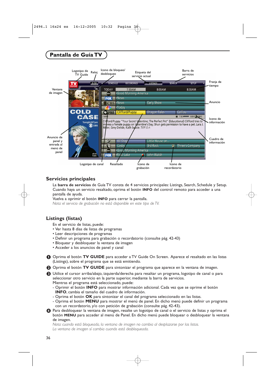 Pantalla de guía tv, Servicios principales, Listings (listas) | Philips 50PF9830A-37B User Manual | Page 200 / 244