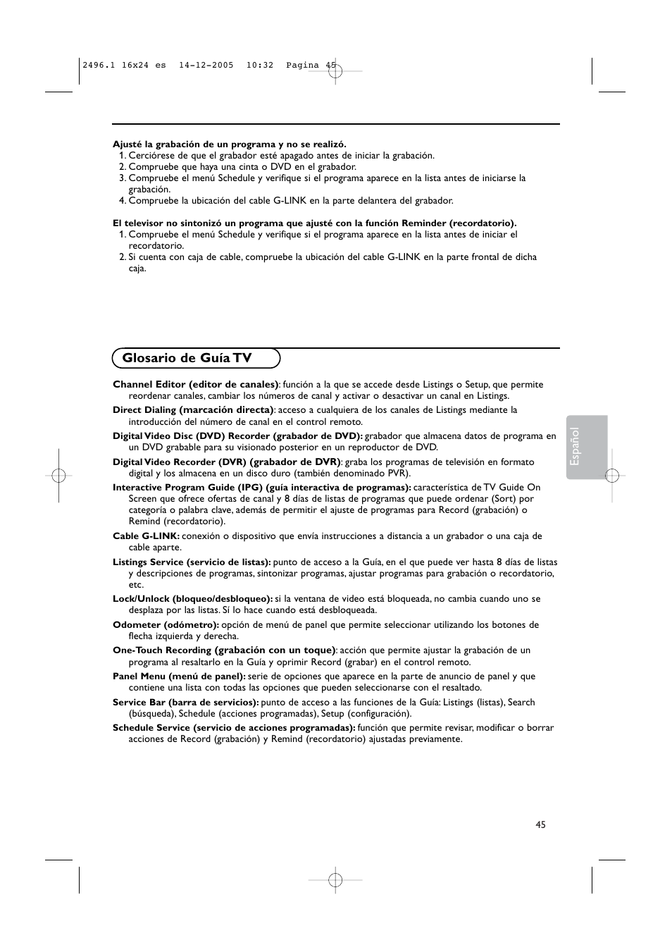Glosario de guía tv | Philips 50PF9830A-37B User Manual | Page 209 / 244