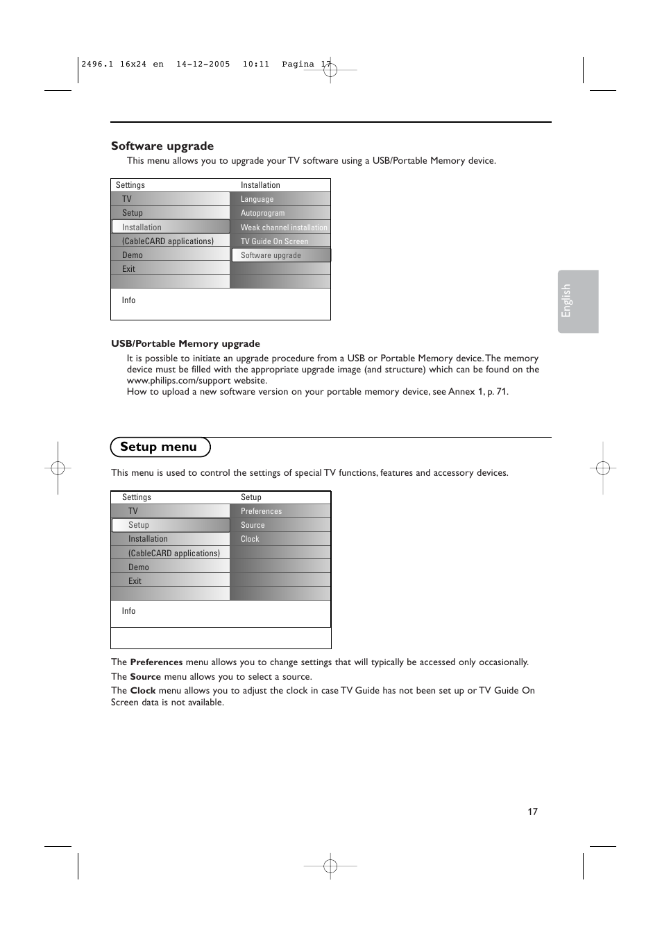 Setup menu, Software upgrade, English | Philips 50PF9830A-37B User Manual | Page 21 / 244