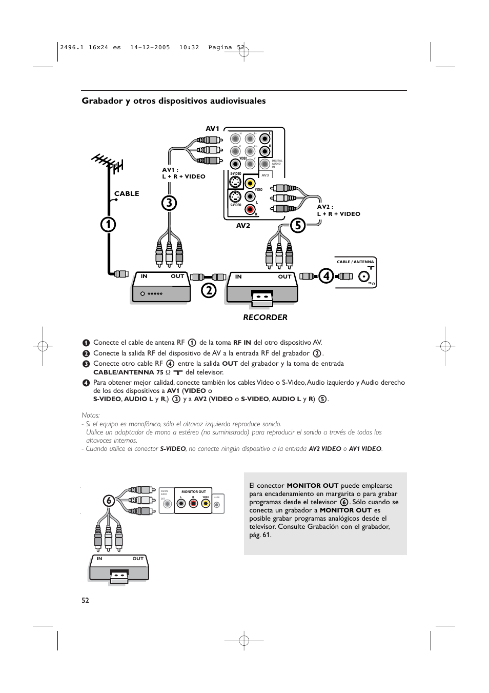 Grabador y otros dispositivos audiovisuales, Recorder, Conecte el cable de antena rf 1 de la toma | Del otro dispositivo av, Conecte otro cable rf 4 entre la salida, Del grabador y la toma de entrada, X del televisor, 3 y a, No conecte ningún dispositivo a la entrada, El conector | Philips 50PF9830A-37B User Manual | Page 216 / 244