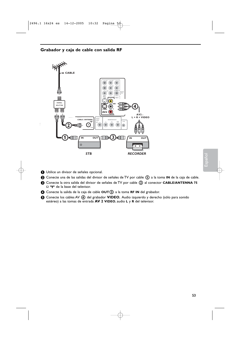 Español, Grabador y caja de cable con salida rf, Utilice un divisor de señales opcional | De la caja de cable, X de la base del televisor, Conecte la salida de la caja de cable, 3 a la toma, Del grabador, Audio, Del televisor | Philips 50PF9830A-37B User Manual | Page 217 / 244
