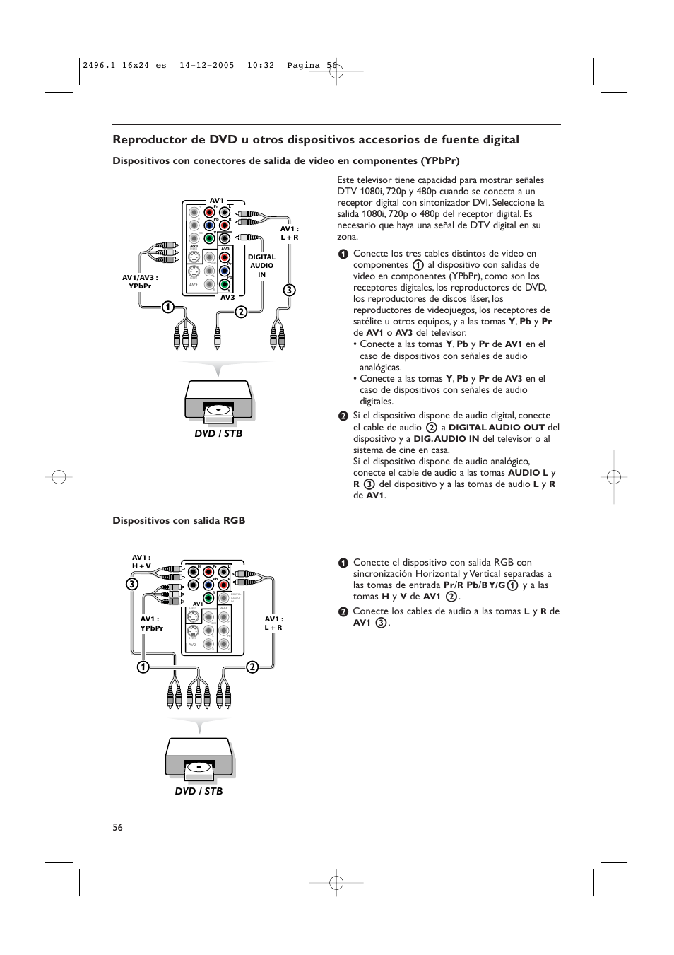 Del televisor. • conecte a las tomas, Del dispositivo y a, 3 del dispositivo y a las tomas de audio | 1 y a las tomas, Conecte los cables de audio a las tomas, Dvd / stb 2 1, Dvd / stb | Philips 50PF9830A-37B User Manual | Page 220 / 244