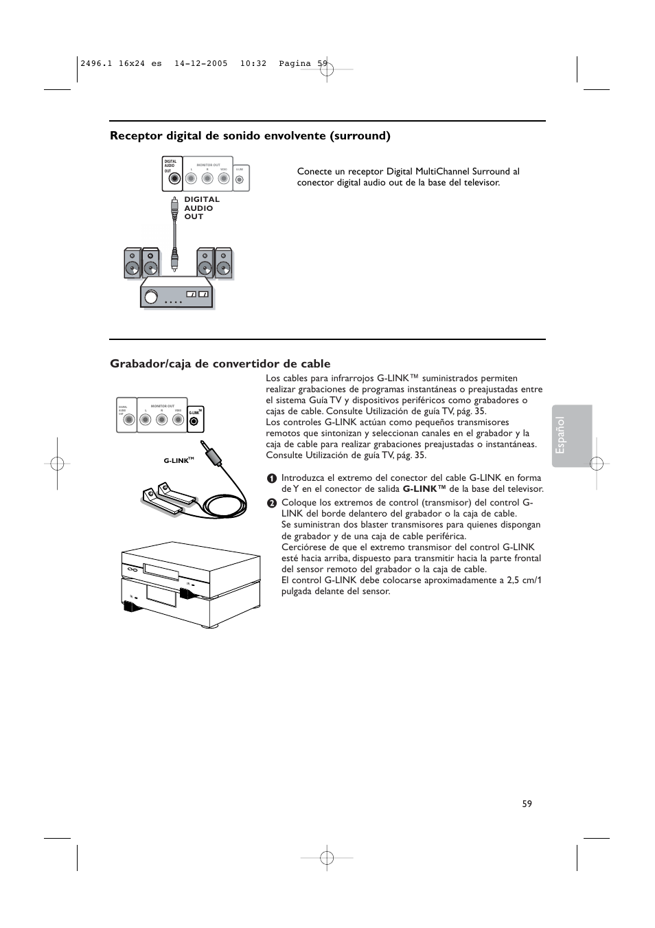 Grabador/caja de convertidor de cable, Español, Receptor digital de sonido envolvente (surround) | De la base del televisor, G-link | Philips 50PF9830A-37B User Manual | Page 223 / 244