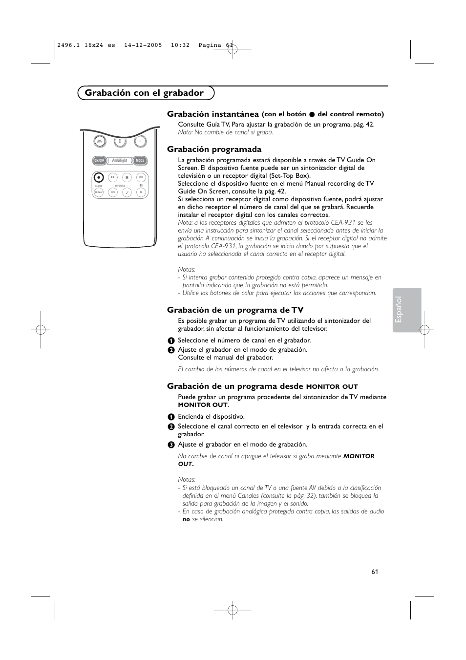 Grabación con el grabador, Español grabación instantánea, Grabación programada | Grabación de un programa de tv, Grabación de un programa desde | Philips 50PF9830A-37B User Manual | Page 225 / 244