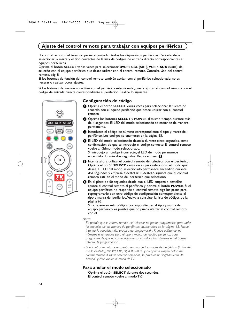 Configuración de código, Para anular el modo seleccionado | Philips 50PF9830A-37B User Manual | Page 228 / 244