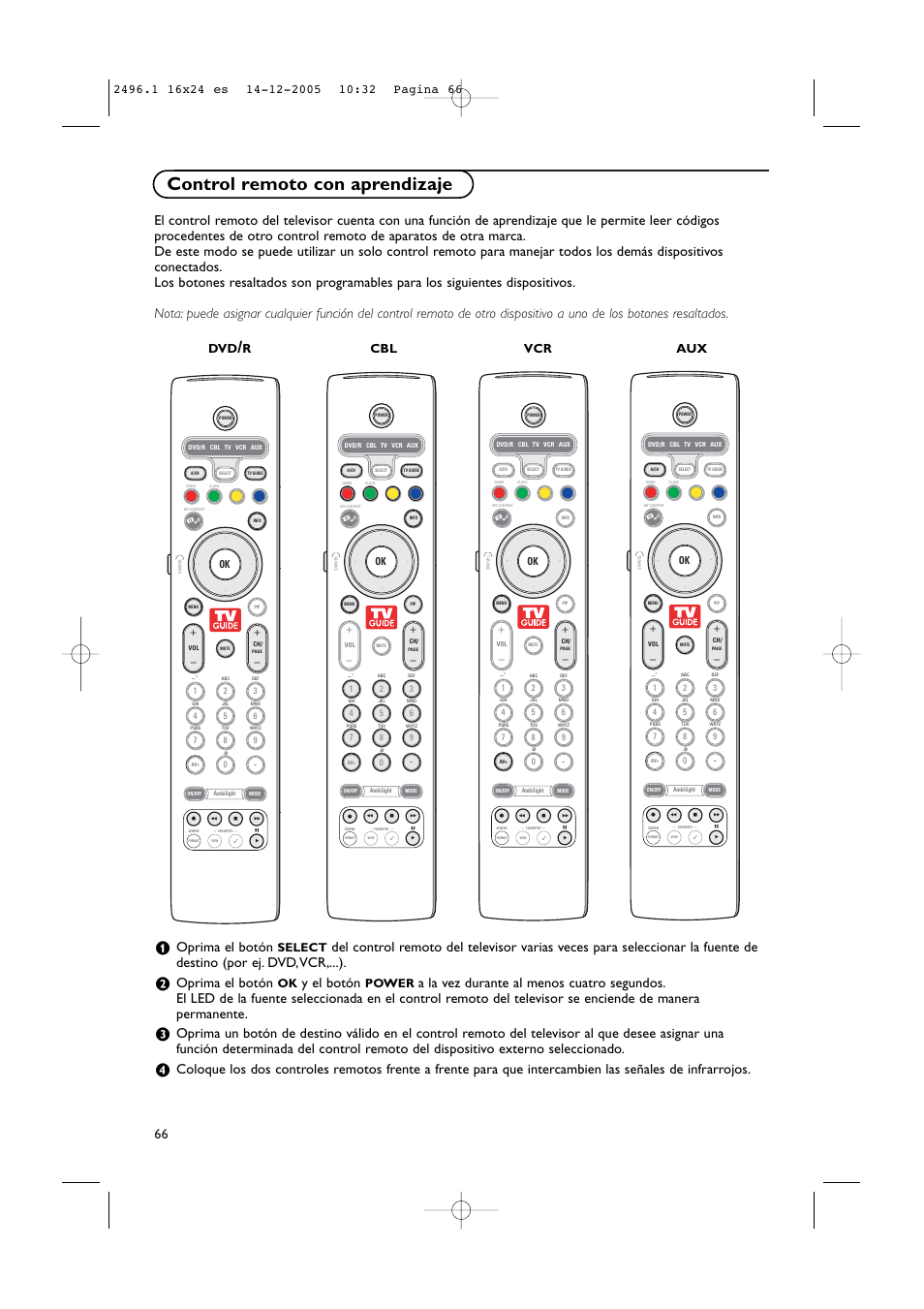 Control remoto con aprendizaje, Oprima el botón, Y el botón | Rcbl vcr aux, Select, Power | Philips 50PF9830A-37B User Manual | Page 230 / 244