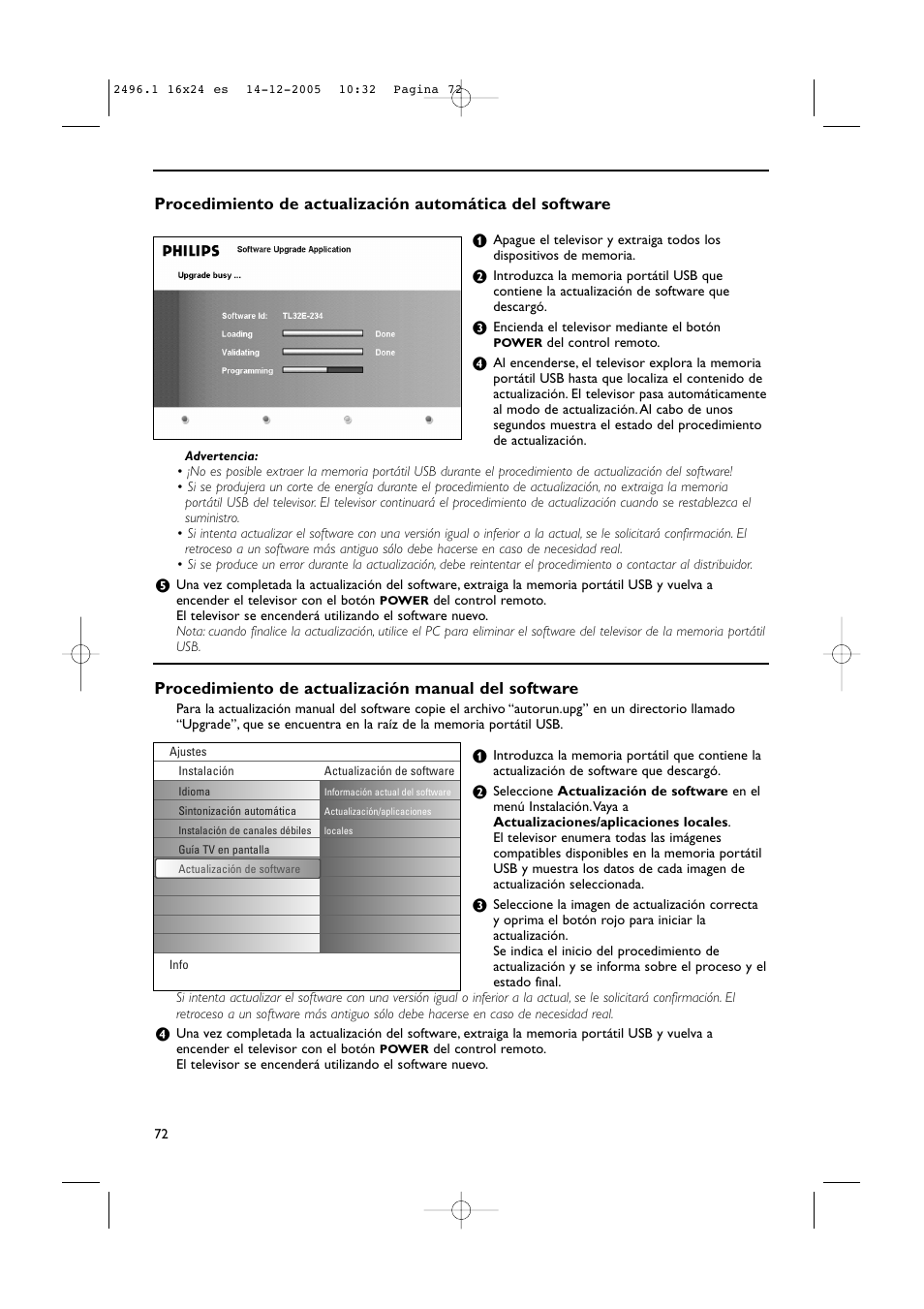 Procedimiento de actualización manual del software | Philips 50PF9830A-37B User Manual | Page 236 / 244