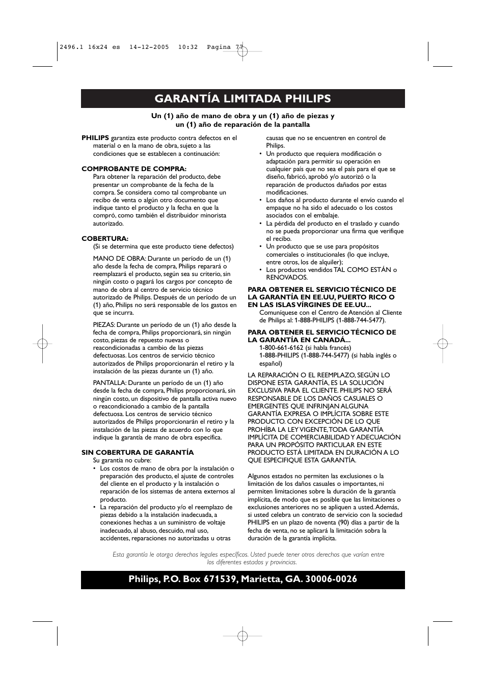 Garantía limitada philips | Philips 50PF9830A-37B User Manual | Page 241 / 244