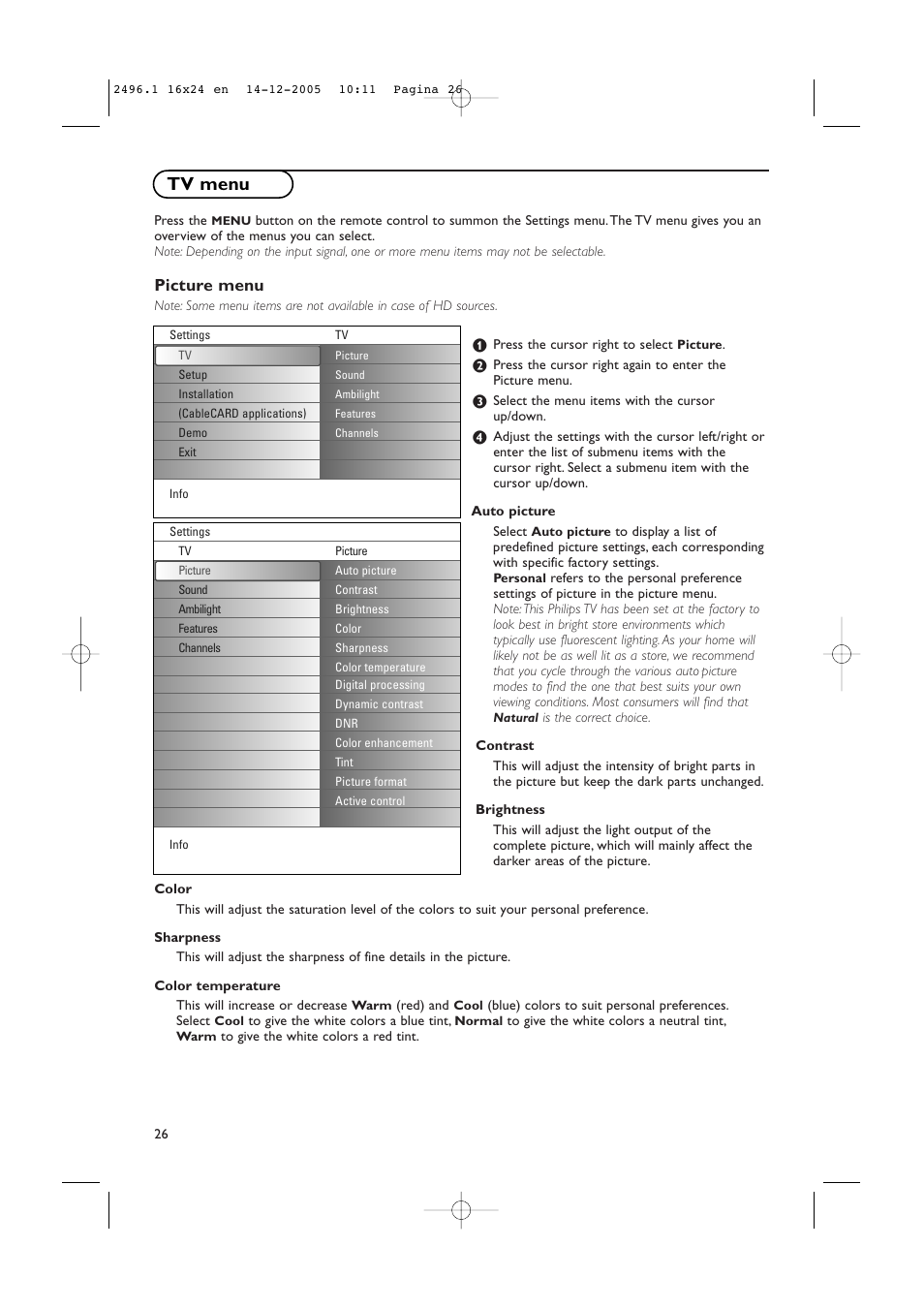 Tv menu, Picture menu | Philips 50PF9830A-37B User Manual | Page 30 / 244