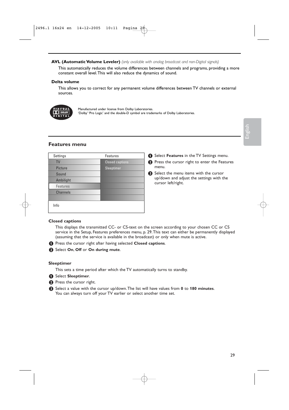 Features menu, English | Philips 50PF9830A-37B User Manual | Page 33 / 244